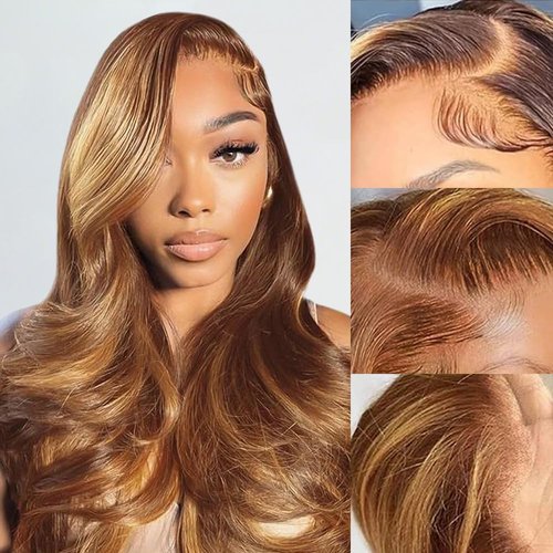 vivehebe Ombre Lace Front Wig Human Hair 26Inch Highlight Wig Human Hair 13x4 HD Transparent Body Wave Lace Front Wigs Human Hair 180% Density Honey Blonde Wig Human Hair Wigs for Women Pre Plucked