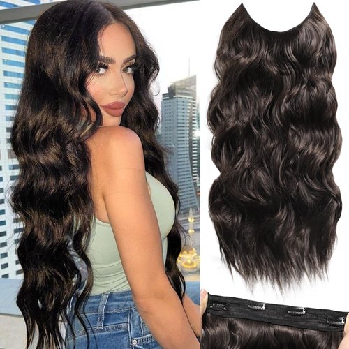 SilkStrands Halo Hair Extensions 20 Inch Invisible Wire Hair Extensions with Adjustable 4 Clips on Soft Transparent Lace Black Brown Hair Extensions Natural Upgrade Long Wavy Hair Extensions for Women