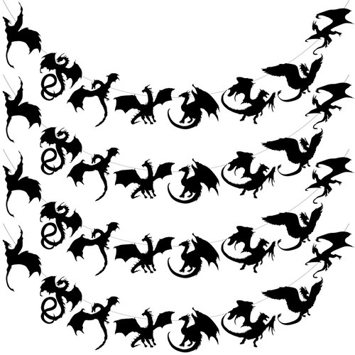 Henoyso 4 Pcs Black Dragon Party Banner Hanging Dragon Decor Dragon Birthday Party Supplies 32 Black Dragon Decorations for Birthday Dragon Theme Fantasy Party Supplies, 8 Designs