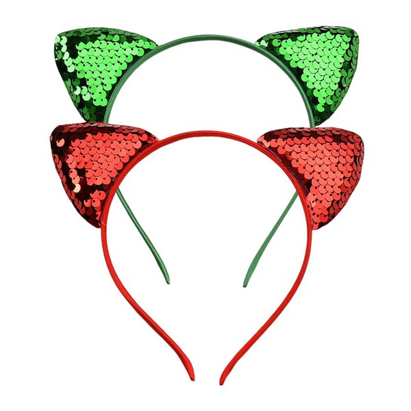 Kitty Cat Ears Headband for Adult Kids Sequin Car Ears Hairbands Head Bands Cat Headband for Women Girls Cat Costume Cosplay Party Accessories Favors Red Green Christmas Hair Bow Headband for Festival