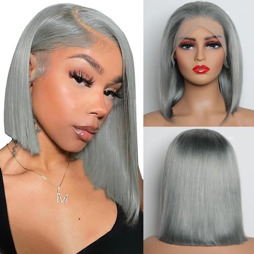 Grey Bob Wig Human Hair Glueless 13x4 Transparent Lace Bob Frontal Human Hair Wigs For Black Women 180% Density Pre Plucked Baby Hair Around Brazilian Virgin Human Hair 10 Inch Grey Short Bob Wig