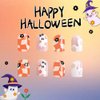 Cute Halloween Press on Nails Short Square Orange Fake Nails with Ghosts & Flower Design Orange Yellow Checkered False Nails Nude Acrylic Glue on Nails Stick on Nails for Women Girls 24pcs Nail Decor