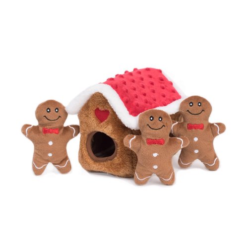ZippyPaws Burrow Puzzle Plush Dog Toy, Interactive Squeaky Toy for Enrichment, Hide and Seek Game for Small to Medium Dogs, Gingerbread House