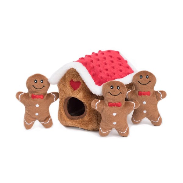 ZippyPaws Burrow Puzzle Plush Dog Toy, Interactive Squeaky Toy for Enrichment, Hide and Seek Game for Small to Medium Dogs, Gingerbread House