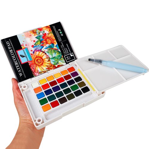 MAIKEDEPOT Watercolor Painting Set, Travel Paint Set Graspable Paint Set Portable Watercolor Sketching Kit with Water Pen,24 Sheets Watercolor Papers,3 Tutorial Video-30colors