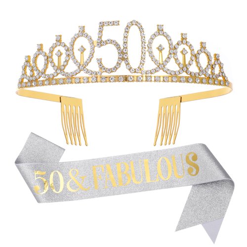 Sliver Gold 50 & Fabulous Sash & Rhinestone Tiara Set, 50th Birthday Gifts for Women, Birthday Sash/Tiara for Women's 50th Birthday Party Decoration (Sliver 50th)