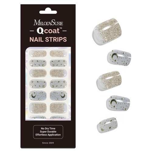 MelodySusie Qcoat Fully Cured Gel Nail Strips (Golden Stars) - UV Free Nail Polish Strips, Salon-Quality, Long Lasting Gel Nail Stickers, Includes 22 Nail Wraps, 2 Prep Pad, Nail File & Wooden Stick