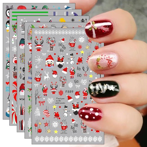 JMEOWIO 10 Sheets Christmas Nail Art Stickers Decals Self-Adhesive Pegatinas Uñas Snowflake Xmas Winter Holiday Cute Nail Supplies Nail Art Design Decoration Accessories