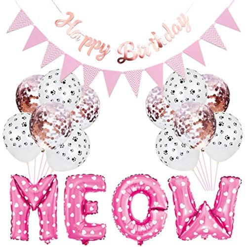 Esweny Cat Birthday Party Supplies Decorations Meow Letter Balloons Cat Paw Print Balloons Happy Birthday Banner for Pet Birthday Party Supplies