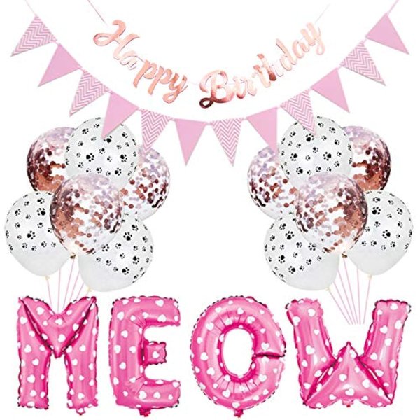 Esweny Cat Birthday Party Supplies Decorations Meow Letter Balloons Cat Paw Print Balloons Happy Birthday Banner for Pet Birthday Party Supplies