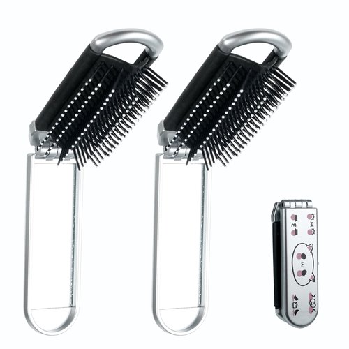 2Pcs Foldable Travel Hair Brush with Mirror,Pocket Hair Brush,Massage Comb Compact Hair Brush,Travel Hair Brush and Mirror,Mini Travel Hairbrush for Women Girls,Emoji