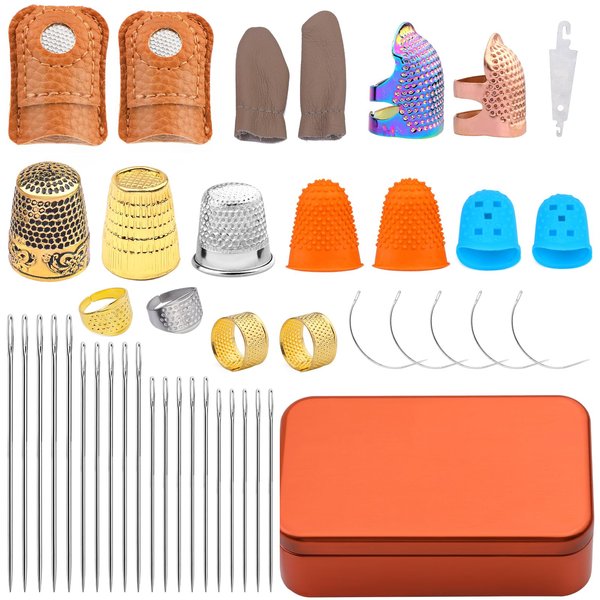 Mnuizu Sewing Thimble Set with Storage Box - Includes Sewing Big Eye Needle, Finger Protector & Adjustable Finger Guard - Quality Metal Copper Thimble - Ideal Sewing Tools for DIY Projects