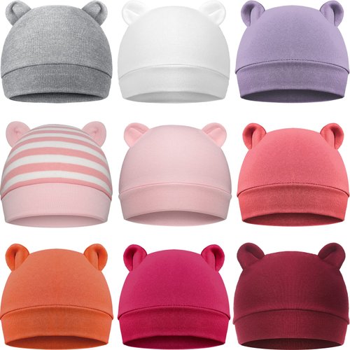 Geyoga 9 Pieces Newborn Baby Hat Bear Ears Infant Caps Baby Boy Girl Toddler Hats Beanie Caps (2 Ears) (Stylish Colors, 2 Ears)
