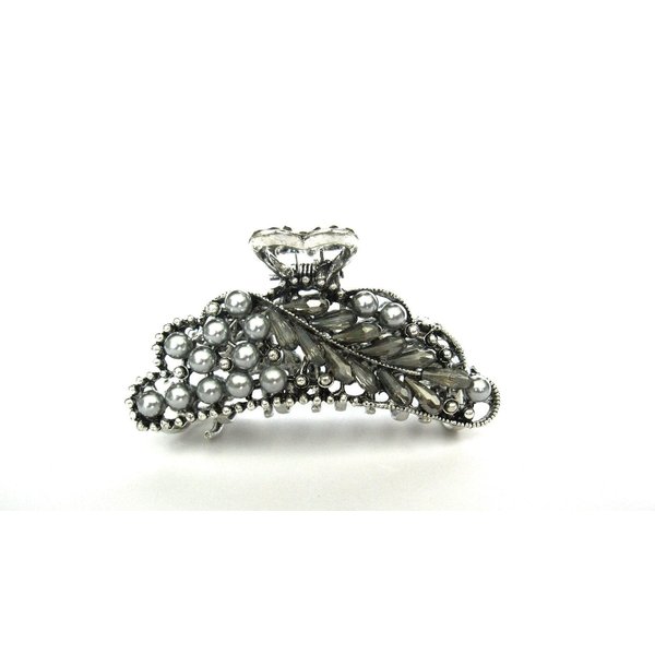 Silver metal gray crystal and silver pearl hair claw clip