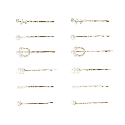 Doromy Hair Accessories - 12Pcs Bridal Golden Metal Hair Clips, Clear Rhinestone & Elegant Artificial Pearl Bobby Pins for Women and Girls Gifts