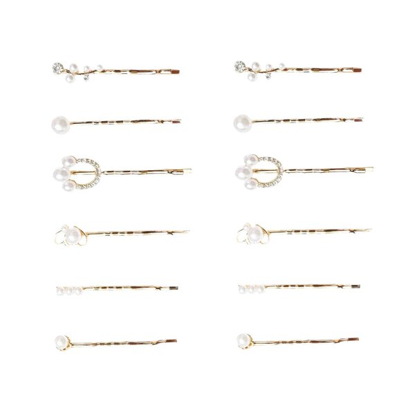 Doromy Hair Accessories - 12Pcs Bridal Golden Metal Hair Clips, Clear Rhinestone & Elegant Artificial Pearl Bobby Pins for Women and Girls Gifts