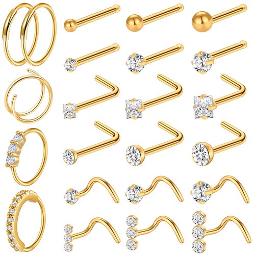 ONESING 23 Pcs 18G Gold Nose Rings for Women Nose Piercing Jewelry L Shape Nose Studs Nose Rings Hoop Stainless Steel Studs Screw Body Piercing Jewelry for Women Men