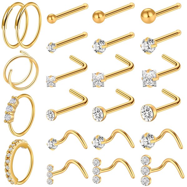 ONESING 23 Pcs 18G Gold Nose Rings for Women Nose Piercing Jewelry L Shape Nose Studs Nose Rings Hoop Stainless Steel Studs Screw Body Piercing Jewelry for Women Men