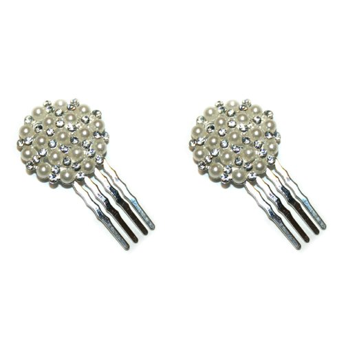 Small Decorative Hair Comb with Rhinestones and Pearls 2pcs, Silver Color