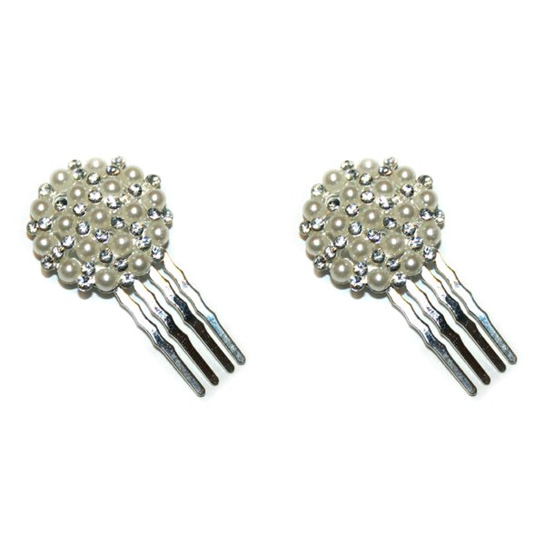 Small Decorative Hair Comb with Rhinestones and Pearls 2pcs, Silver Color