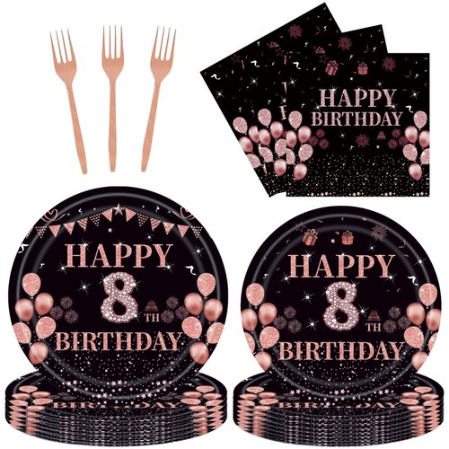 EMrups 96PCS 8th Birthday Party Plates Set Rose Gold Theme Decorations Include Rose Gold Plates and Napkins Forks for 8 Year Old Girls Birthday Party Supplies Serves 24 Guests