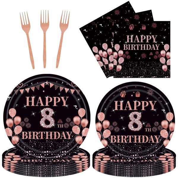 EMrups 96PCS 8th Birthday Party Plates Set Rose Gold Theme Decorations Include Rose Gold Plates and Napkins Forks for 8 Year Old Girls Birthday Party Supplies Serves 24 Guests
