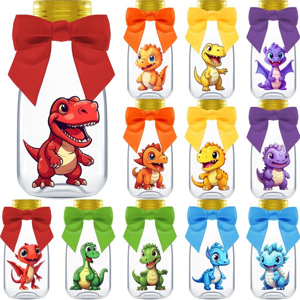 Ethisa 12 Pack Dinosaur Party Favors - DIY Candy Jars with Ribbons and Stickers - Party Decoration Bottles for Birthday, Baby Shower and School Classroom - Dinosaur Table Centerpiece Gifts for Kids