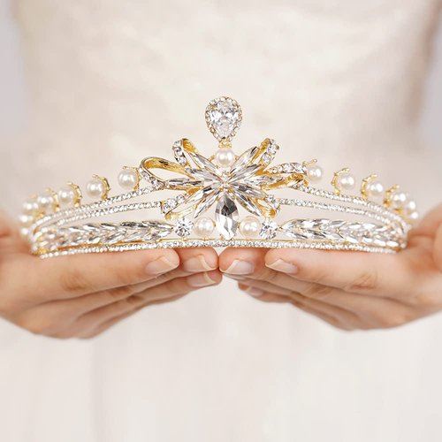 JWICOS Gold Pearl Tiara Crown for Women Crystal Headband Headpiece Princesss Crown Tiara for Brides Bridal Wedding Tiara for Prom Pageant Gift (Gold)
