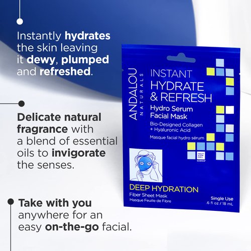Andalou Naturals, Deep Hydration, Instant Hydrate & Refresh Sheet Mask, Single Face Mask, 0.6 oz each, 6 Count (Pack of 1)