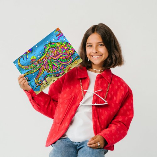 Aquarium- 4 Pack Velvet Coloring Posters for Kids- Arts & Craft Kit Includes Octopus, Seahorse, Jellyfish, Dolphin and 12 Felt Tip Markers- Ideal for Travel- Boys and Girls 3+