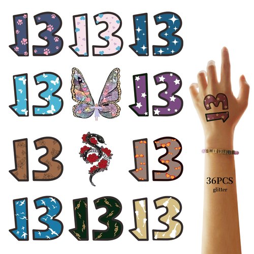 36 Pcs Number 13 Tattoo,13 Hand Tattoo Kits,Concert Merch,Glitter 13 Temporary Tattoos Stickers for Fans Gifts Concert Accessories,Star Temporary Tattoos
