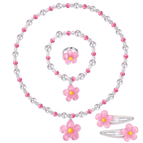 BGSHEMNI Girls Flower Jewelry Set - Toddler Dress up 5 Piece Pretend Plasy Toy Jewelry Box Set with Bead Necklace, Bracelet Ring and Hair Clips - Play Accessories - Ages 3+ Girl Birthday Gifts
