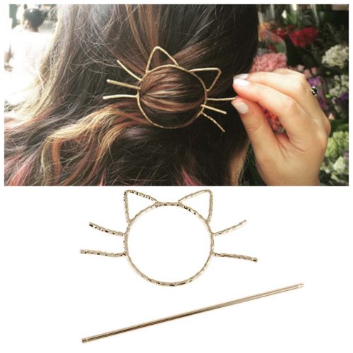 Yheakne Metal Hair Slide Clip Barrette Cat Shape Hair Stick Pin Vintage Hair Fork Pin Bun Holder Alloy Hair Clip Decorative Hair Accessories for Women and Girls (Silver)