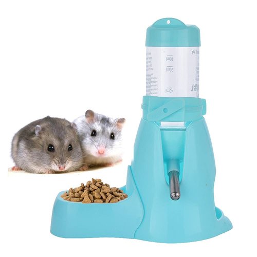 Guardians Hamster Water Bottle,Little Pet Automatic Drinking Bottle with Food Container Base Hut Hanging Water Feeding Bottles Auto Dispenser for Small Animals(80ml,Blue)