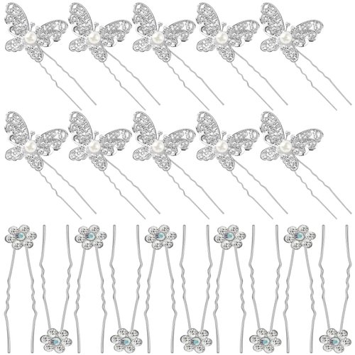 OIIKI 20 PCS Wedding Bridal Hair Pins, Pearl Butterfly U Shape Hair Clips, Rhinestones Flower Hair Pins, Decorative Hair Accessories for Women Girls
