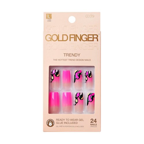 GoldFinger Trendy False Nails Kit, Long Square Design Nail, Playful Classic Vibrant Pink Abstract Print, Ready to Wear Gel & Manicure Stick included, Long-Lasting Convenient & Easy to Apply