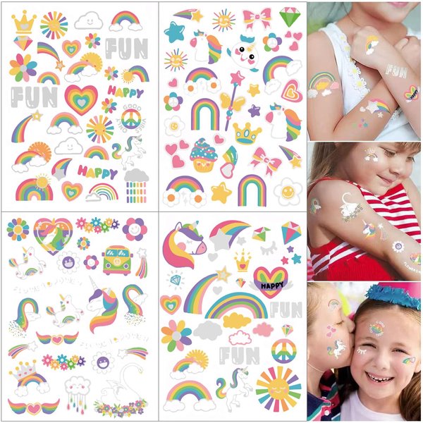 4 Sheet 120 Pcs Rainbow Unicorn Temporary Tattoos for Kids,Smiley Flower Fake Tattoo for Girls Party Supplies, Waterproof Temporary Tattoos for Girls Boys Birthday Party Christmas Holiday Gifts 560
