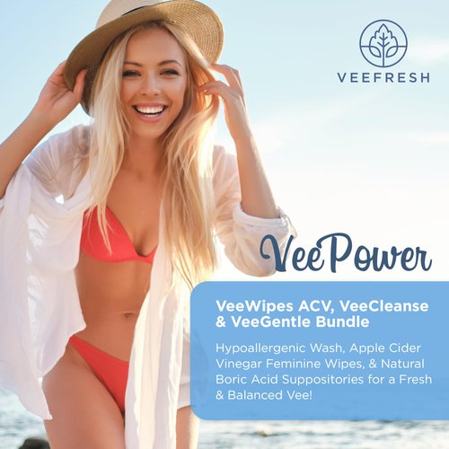 VeeFresh VeePower Bundle - A Convenient Feminine Care Bundle for Any-Time Freshness & Odor Control - VeeCleanse Boric Acid Suppositories + VeeGentle Feminine Wash + VeeWipes ACV for pH Balance