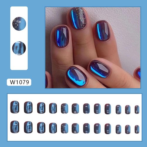24 Pcs Ombre Blue Press on Nails Short Square - MINGCHUN Spring Summer Red Fake Nails Press ons Nail Art Tips with Strobe Flash Spot Full Cover Acrylic False Nails Glue on Nails Stick on Nails Kit
