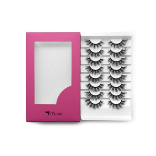 BTLLSSH 8Pair 3D5D 0.59INCH Thick False Eyelashes Cross Volume Cat Eye Lashes Extension Fluffy Natural Look Faux Mink Lashes with Dark Pink Box