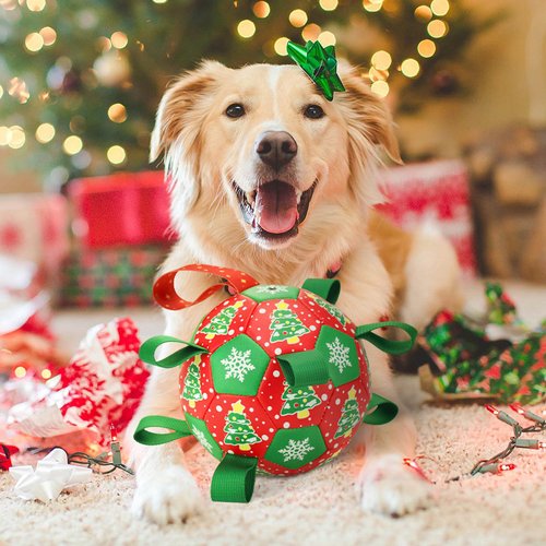 ShuRung Christmas Soccer Ball Dog Toy with Straps Dog Interactive Play Balls for Tug of War Christmas Tree & Snowflower Pattern Dog Soccer Ball for Small Medium Big Size Dog (8 inches)