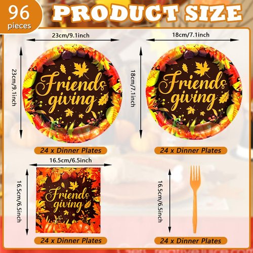 96 Pieces Friendsgiving Tableware Set Party Supplies - Fall Thanksgiving Pattern Disposable Dinnerware with Paper Plates, Napkins, Forks for Autumn Harvest, and Friendsgiving Dinner BBQ Picnic Favors