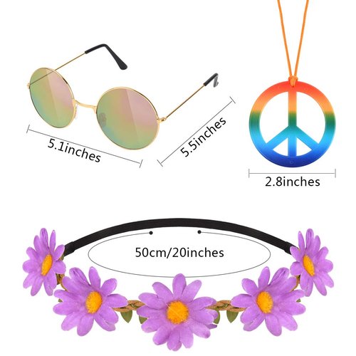Hotusi 18Pcs 60s 70s Costume Accessory Set: 6 Peace Sign Necklaces, 6 Daisy Sunflower Headbands, 6 Retro Round Sunglasses for Hippie Party Supplies