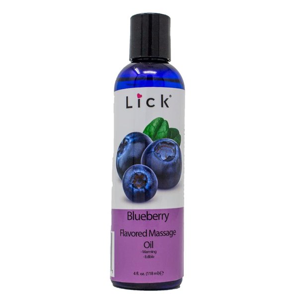 Lick Blueberry Flavored Edible Massage Oil – Infused with Vitamin E, Sweet Almond and Coconut Oil – Skin and Body Safe, Non-Sticky, Vegan – Portable Travel-Ready Bottle, 4 oz