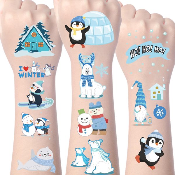 Yoyuspy Winter Temporary Tattoo Kids - Polar Animals Temporary Tattoos Stickers Winter Themed Party Favors Decor Supplies Christmas Polar Bear Penguin Snowman Tattoos Kids Winter Xmas Gift Bag Fillers