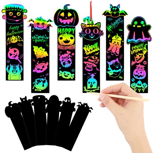 AUGSUN 96Pcs Halloween Scratch Bookmarks, Cute Pumpkin Bat Spider DIY Crafts Kit Rainbow Magic Sc...