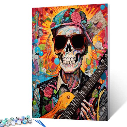 Skull Men Wearing Sunglass Paint by Numbers Kits 16x20 inch Canvas Landscape DIY Oil Painting for Kids, Adults Beginner Human Skeleton Playing Guitar Artwork with Brushes,Home Decor Gift(DIY Frame)