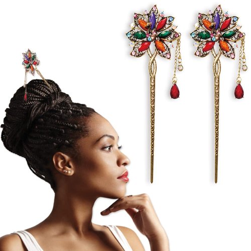 2 Pcs Rhinestone Hair Sticks Pins Chopsticks Bling Tassel Pendant for Bun Chignon Beauty Decoration Accessories (Style 3)