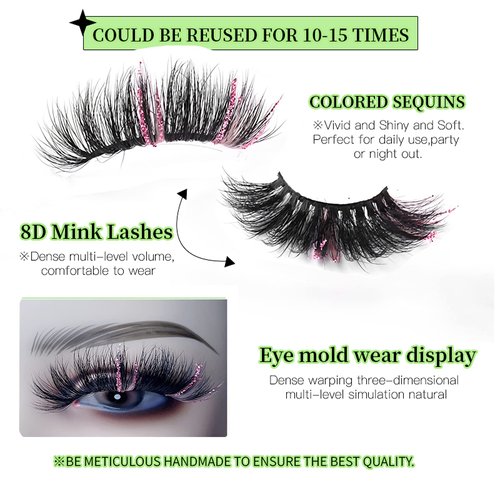 Glitter Lashes 22mm 3D Fluffy Mink Eye Lashes with Color,Colored Eyelashes Dramatic Strip Lashes Manga Lashes Natural Fake Eyelashes 1 Pairs for Halloween Party Stage Cosplay(Pink Black)