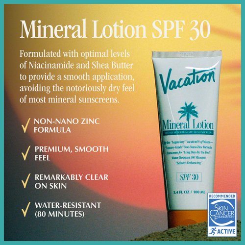 Vacation Mineral Lotion Sunscreen SPF 30 + Air Freshener Bundle, Premium Zinc Sunscreen For Sensitive Skin, Hydrating + Lightweight Mineral Based Sunscreen, Dermatologist Tested, 3.4 fl. Oz.